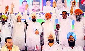 Punjab Pradesh Congress Committee president Partap Singh Bajwa and other Congress leaders at the party's rally in Baba Bakala on Sunday. 