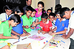 Students of Lucent International School participate in a rakhi-making competition in Dehradun on Saturday