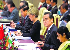 External Affairs Minsiter Sushma Swaraj and Chinas Foreign Minister Wang Yi in Nay Pyi Taw, Myanmar, on Sunday