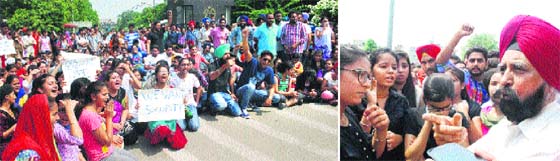 GNDU students block the main gate of the university in protest against the security lapse; and (right) the students in talks with the Vice-Chancellor, Prof AS Brar, demanding enhancement of security on the university campus in Amritsar on Monday. PHOTOs: RK Soni