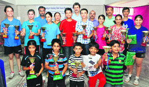 Winners of the 1st Chandigarh Ranking Table Tennis Tournament with their trophies at Trishakti Temple in Sector 49, Chandigarh