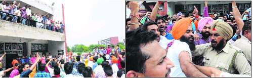 a policeman tries to pacify agitating workers of the NSUI and the SOI during a scuffle at the UIET Department in the South Campus; (and) members of a party address students from the UIET canteen at Panjab University in Chandigarh.