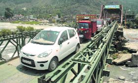 The single-lane bailey bridge on the Kullu-Manali national highway at Bhuntar near Kullu.