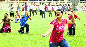 College students participate in an Independence Day rehearsal at Guru Gobind Singh Stadium in Jalandhar on Monday.