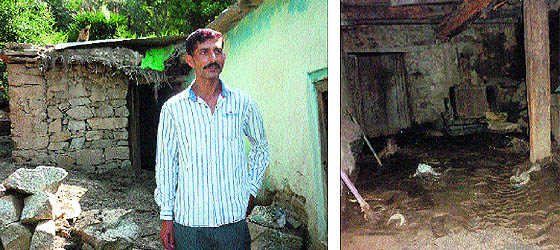 Rajesh Kumar, a resident of Goli Bagh area, shows his damaged house; and (right) a house damaged by the flash flood waters.