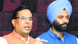 BJP spokesman Capt Abhimanyu at a press meeet in Chandigarh on Tuesday.