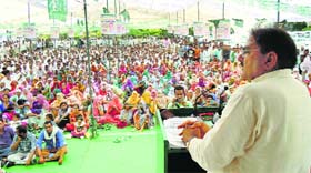 INLD leader Abhay Chautala addresses a workers meeting in Rai on Tuesday.