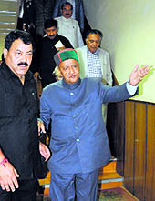 Virbhadra Singh, Chief Minister, comes out after the Vidhan Sabha session in Shimla on Tuesday