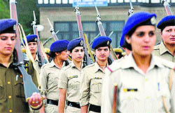 Police personnel march during rehearsal for the Independence Day parade on The Ridge in Shimla on Tuesday