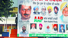 Hoardings of political parties cover the area in front of Karnail Singh Benipal's statue at Issru.