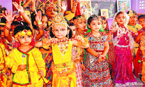 Tiny tots in the attire of of Lord Krishna and Goddess Radha during the two-day Janmashtami festival at Sanskriti School in Haridwar on Tuesday.