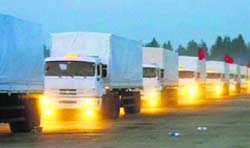A Russian convoy of trucks carrying humanitarian aid for Ukraine sets off from Moscow on Tuesday. Reuters