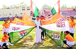 School students participate in the final rehearsal for the Independence Day function at Guru Nanak Dev Stadium in Amritsar on Wednesday