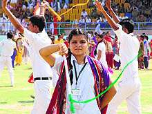 Students perform a cultural item during the full dress rehearsal ahead of the Independence Day function in Bathinda on Wednesday