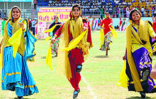 Students perform a cultural item during the full dress rehearsal ahead of the Independence Day function in Bathinda on Wednesday