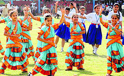 Students perform a cultural item during the full dress rehearsal ahead of the Independence Day function in Bathinda on Wednesday