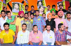 Members of Sopu panel along with party supporters at the Student Centre in Panjab University, Chandigarh, on Wednesday. Tribune photo: S Chandan