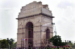 The India Gate is being cleaned ahead of the Independence Day celebrations in New Delhi on Wednesday.