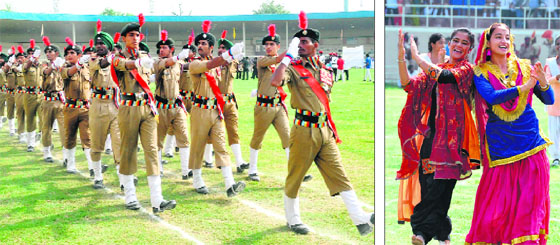 NCC cadets; and (right) girls take part in a full dress rehearsal for the I-Day celebrations at Guru Gobind Singh Stadium in Jalandhar on Wednesday.