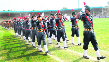 Cadets of NCC Air Wing participate in full dress rehearsal for the I-Day celebrations in Jalandhar on Wednesday.