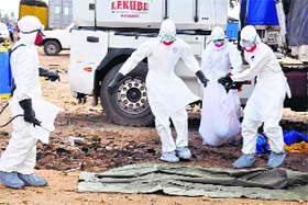 Health workers carry the body of a man found in the street, suspected of dying from the ebola virus, in the capital city of Monrovia, Liberia, on Tuesday