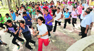 Students of Government Rajindra College participate in the cross-country race organised to spread awareness about the drug menace on Thursday.