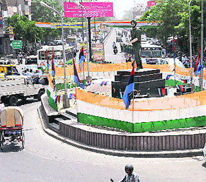 Fauji Chowk decked up as part of the preparations for celebrating Independence Day in Bathinda on Thursday.
