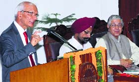 Prof Ved Prakash, UGC Chairman, delivers a lecture at Panjab University on Thursday.