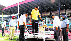 The police inspect the stage ahead of the Independence Day function at Guru Nanak Stadium in Ludhiana