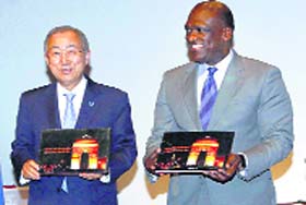 UN Chief Ban-ki Moon (L) and Ambassador John Ash at the launch of the book titled Indian War Memorials of the First World War in New York on Thursday