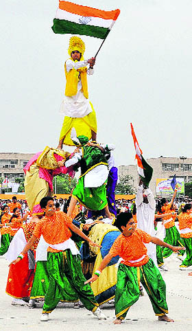 In high spirits: Students present an item during the Independence Day function at Sector 5, Panchkula, on Friday. 