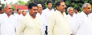 INLD leader Abhay Chautala along with other party leaders at Haryana Raj Bhawan in Chandigarh on Saturday. Tribune photo:Manoj Mahajan