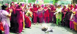 ASHA workers burn an effigy of Union Health Minister Harsh Vardhan in Kurukshetra on Saturday. A Tribune photograph