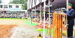 Chief Minister Virbhadra Singh addresses a gathering during the state-level Independence Day function in Nahan on Friday.