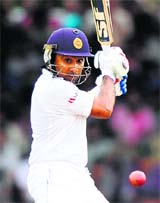 Mahela Jayawardene plays a shot during the third day of the second Test in Colombo on Saturday.