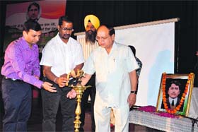 Cabinet Minister Anil Joshi, Deputy Commissioner Ravi Bhagat and Mayor Bakshi Ram Arora inaugurate a function to commemorate martyrdom day of Shaheed Madan Lal Dhingra at BBK DAV College for Women in Amritsar on Sunday