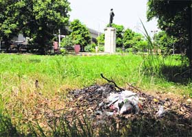 Garbage dumped at Madan Lal Dhingra Memorial Park on the occasion of his martyrdom day in Amritsar on Sunday