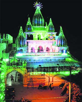All Decked up: Chaitanya Goria Math all spruced up on the eve of Janmashtami in Bathinda on Sunday