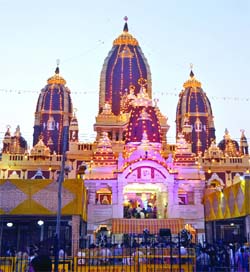 An illuminated Birla Mandir on the occasion of Janmashtami in New Delhi on Sunday.