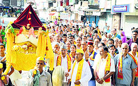 Devotees take out a procession on Janmashtami in Mandi on Sunday.