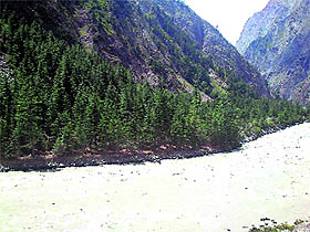 The view of the 400 mw Sheli project dam site from Mudram village in Lahaul-Spiti.