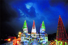 An illuminated Krishna Mandir at Model Town on the eve of Janmashtami.