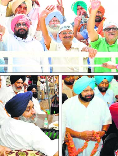 (Clockwise from top) AAP chief Arvind Kejriwal along with Harjit Singh Adaltiwala, AAP candidate from Patiala, and MP Dr Dharamvir Gandhi; Amritsar MP Capt Amarinder Singh at an election campaign; Deputy CM Sukhbir Badal along with SAD-BJP candidate Bhagwan Dass Juneja in Patiala on Sunday