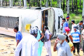 The bus which met with an accident near Vallah in Amritsar on Sunday, leaving two passengers dead