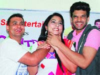 The star cast of Punjabi movie Control Bhaji pose at a press conference in Amritsar on Monday. Photo: RK Soni