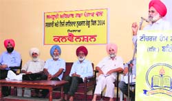 A representative of a social organisation speaks during a convention in Bathinda on Monday. Tribune photo