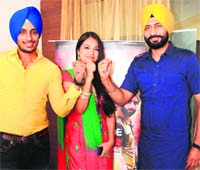 Star cast of the movie Kaum De Heere during the promotion of their film in Bathinda on Monday. Tribune photo