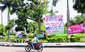 A Congress hoarding at a roundabout in Panchkula.