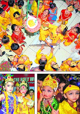 Children dressed as Bal Gopal and Radha celebrate Janmashtami at Shemrock School, Tiny Tots Preparatory School and The Holy Wonder School. 
