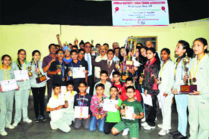 Winners at the closing ceremony of the 1st Shimla district table tennis inter-school championship at the Sports Complex in Shimla on Monday.